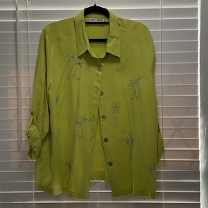 Nancy Bollen 100% Silk 3 piece Women's Lime Green top, pant, blouse ensemble